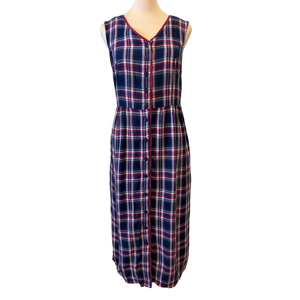 VTG April Cornell Dress Sz M Blue Red Plaid Button Up Midi Cottage Garden Picnic